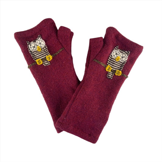 Owl on Maroon - Fingerless Cashmere Gloves from Sardine Clothing Co.