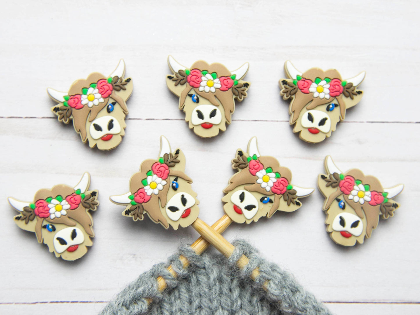 Flower Highland Cow Stitch Stoppers from Fox & Pine Stitches.