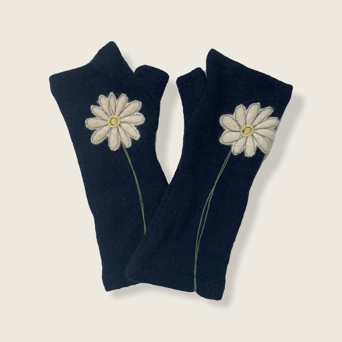 White Daisy on Navy - Fingerless Cashmere Gloves from Sardine Clothing Co.