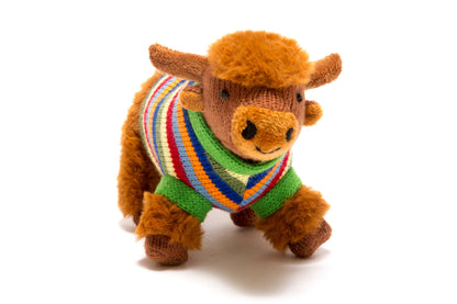 Knitted Highland Cow Baby Rattle with Stripe Jumper by Best Years