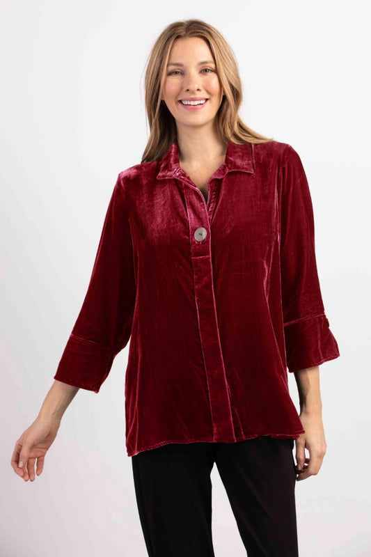 Placket Swing Velvet Top in Cranberry by Habitat Clothing