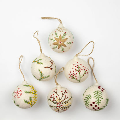 Holiday Felt Ball Ornament Hand Embroidered White Assorted from The Winding Road