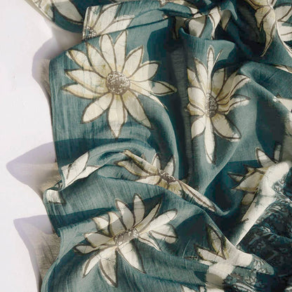 La Joie Handmade Block Print Green Cotton Silk Large Scarf by Ichcha