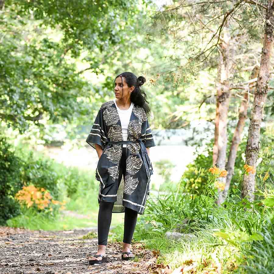 Jungle Black Lounge Kimono/Robe Beach Coverup by Ichcha - Maine Yarn & Fiber Supply