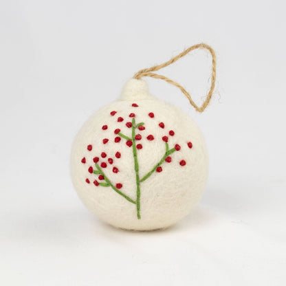 Holiday Felt Ball Ornament Hand Embroidered White Assorted from The Winding Road