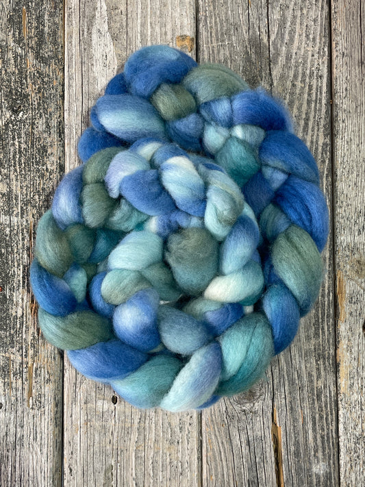 Hand Dyed BFL Top Fiber Braid 6.1oz “Woods and Waters”