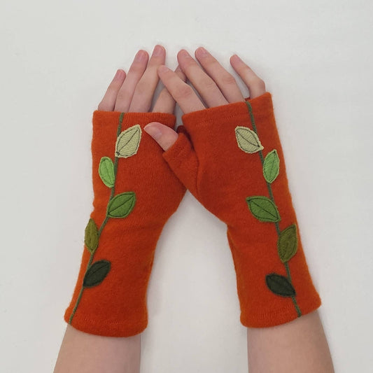 Leaves on Orange - Fingerless Cashmere Gloves from Sardine Clothing Co.