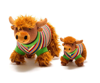 Knitted Highland Cow Baby Rattle with Stripe Jumper by Best Years