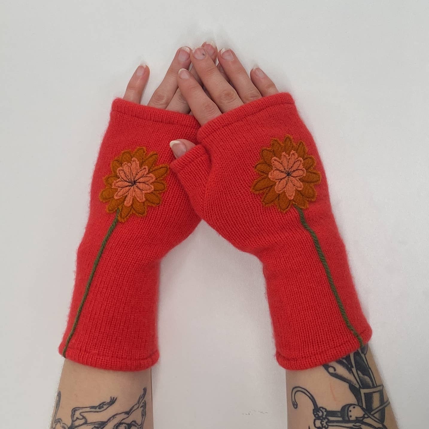 Orange Zinnia on Red - Fingerless Cashmere Gloves from Sardine Clothing Co.