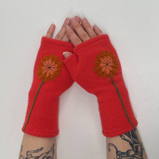 Orange Zinnia on Red - Fingerless Cashmere Gloves from Sardine Clothing Co.