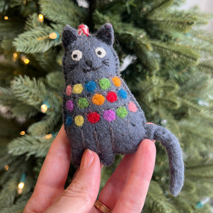Cat Tangled in Christmas Lights Felt Wool Ornament by Ornaments 4 Orphans