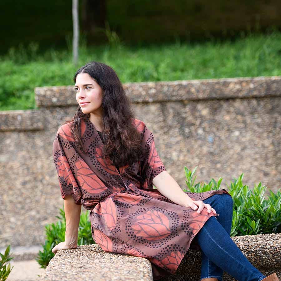 Mia Purple Leaf Print Lounge Kimono/Robe Beach Coverup by Ichcha - Maine Yarn & Fiber Supply