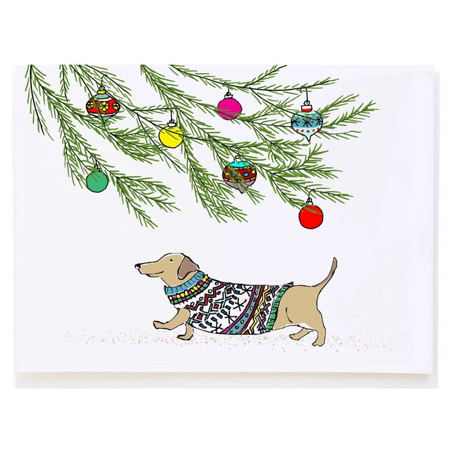 Dachshund Under Tree - Holiday Greeting Card by Molly O