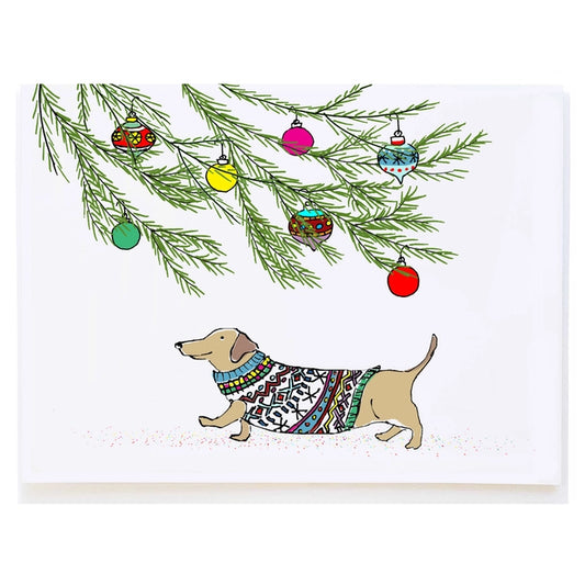 Dachshund Under Tree - Holiday Greeting Card by Molly O