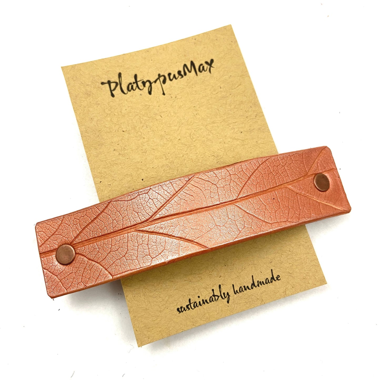 Shiny Copper Leather Oak Leaf Imprint Hair Barrette by PlatypusMax