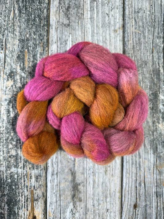 Hand Dyed Shetland Combed Top Braid 2.5oz  “Sunset”