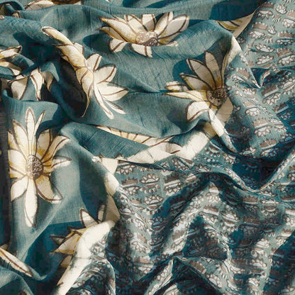 La Joie Handmade Block Print Green Cotton Silk Large Scarf by Ichcha