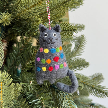 Cat Tangled in Christmas Lights Felt Wool Ornament by Ornaments 4 Orphans
