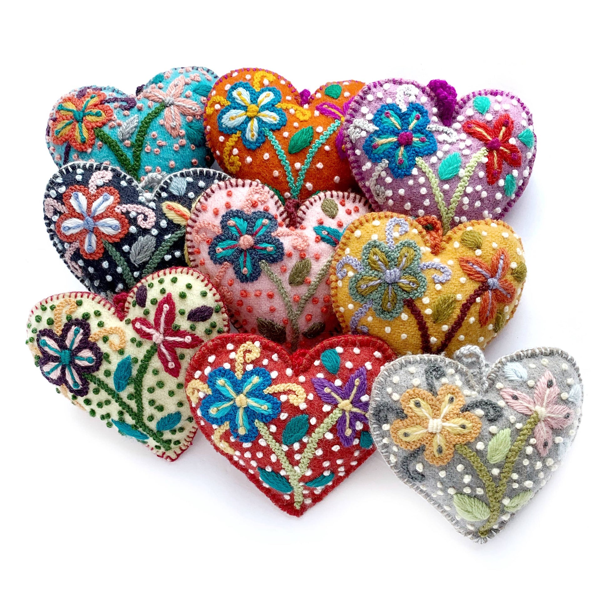 Set of 6 Handmade Ceramic Heart Ornaments in Colorful Tones, 'Flora and  Fauna Heart