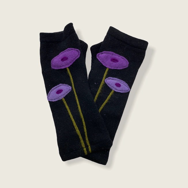 Oval Poppy Purple on Black - Fingerless Cashmere Gloves from Sardine Clothing Co.