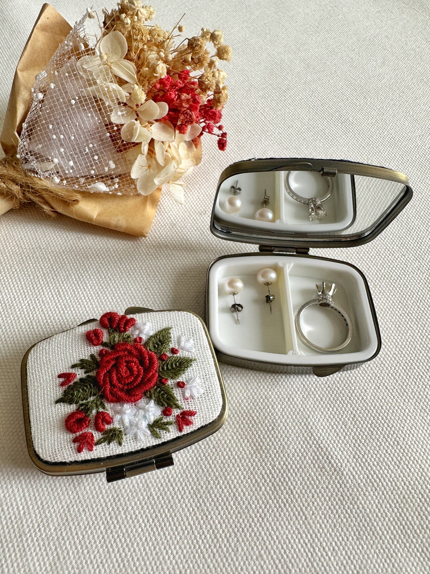 Floral Embroidered Rectangle Mini Jewelry Box With Mirror by Quince Fables