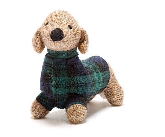 Sausage Dog Plush Toy with Tartan Jumper by Best Years