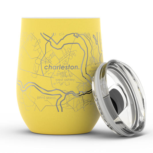Bangor, ME Map - 12 oz Insulated Wine Tumbler in Sunrise Yellow by Well Told