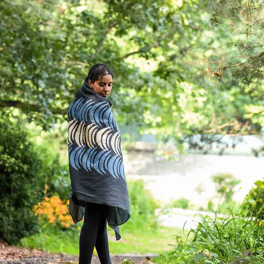 Crescent Blue Moon Block Print Scarf by Ichcha - Maine Yarn & Fiber Supply