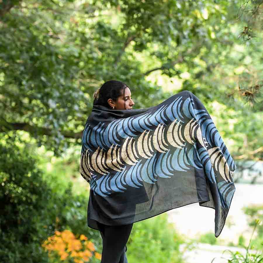 Crescent Blue Moon Block Print Scarf by Ichcha - Maine Yarn & Fiber Supply