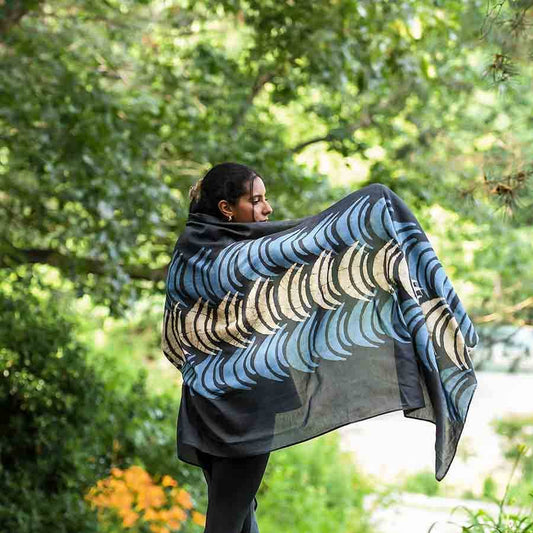 Crescent Blue Moon Block Print Scarf by Ichcha - Maine Yarn & Fiber Supply