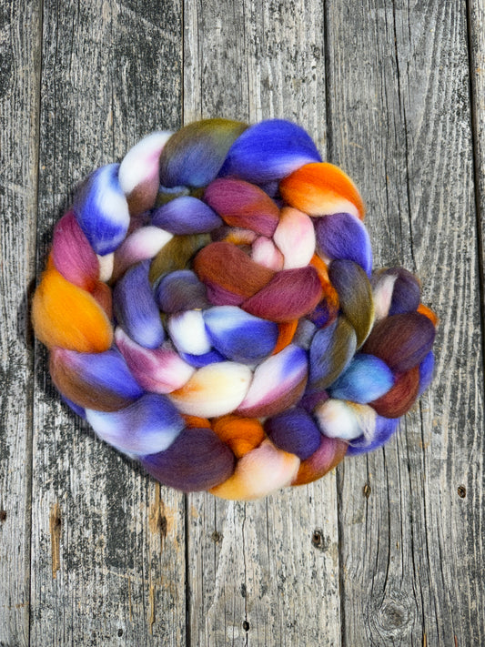 Hand Dyed Polworth Top Braid 7oz  “Happy Tiger”
