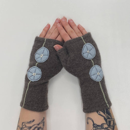 Blue Morning Glory on Brown - Fingerless Cashmere Gloves from Sardine Clothing Co.