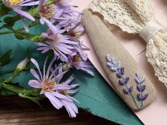 Lavender on Tan Embroidered Hair Barrette from Quince Fables