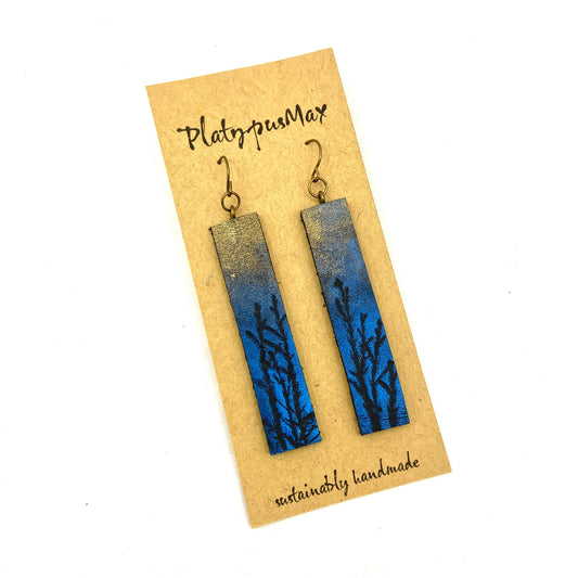 Moonlit Trees Blue & Gold Branches Leather Bar Earrings by PlatypusMax