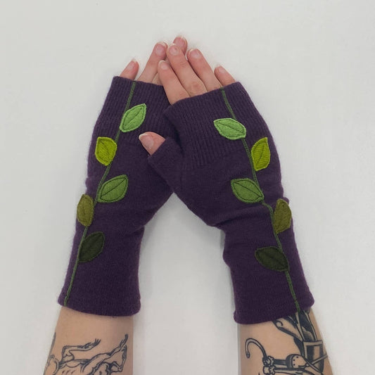 Leaves on Purple - Fingerless Cashmere Gloves from Sardine Clothing Co.