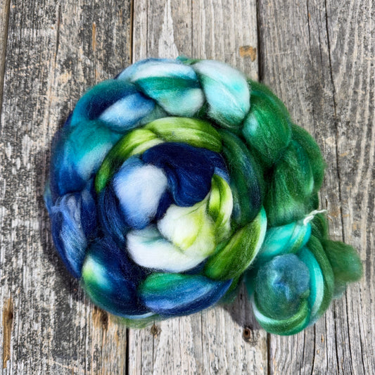 Hand Dyed Merino/Silk/Cashmere Top Fiber Braid 4.9oz “Mermaid”