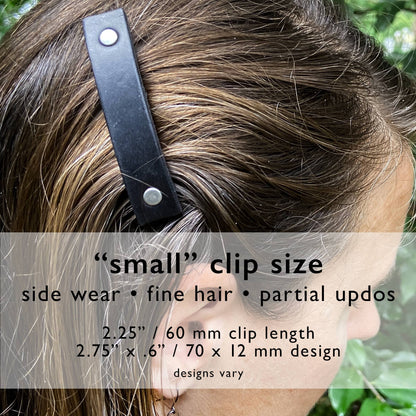 Silver Feather on Black Leather Hair Clip by PlatypusMax