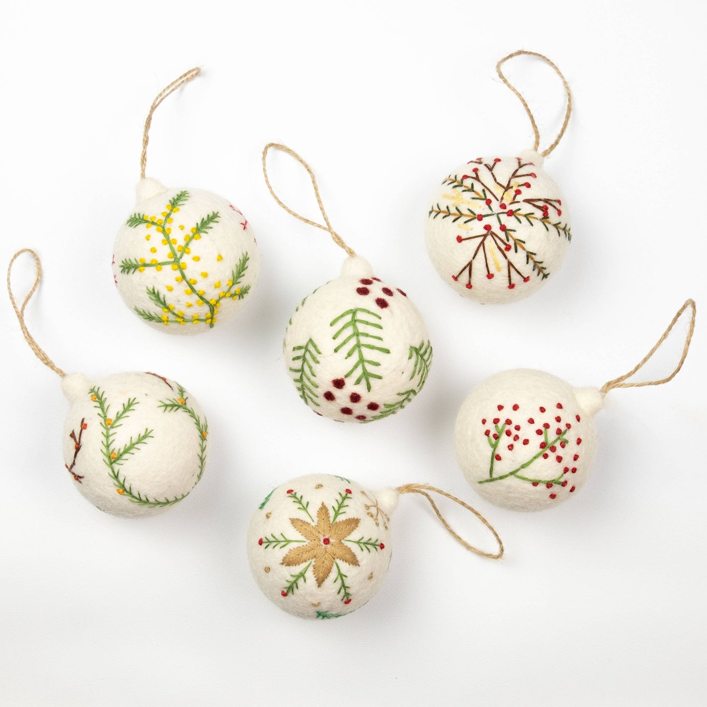 Holiday Felt Ball Ornament Hand Embroidered White Assorted from The Winding Road