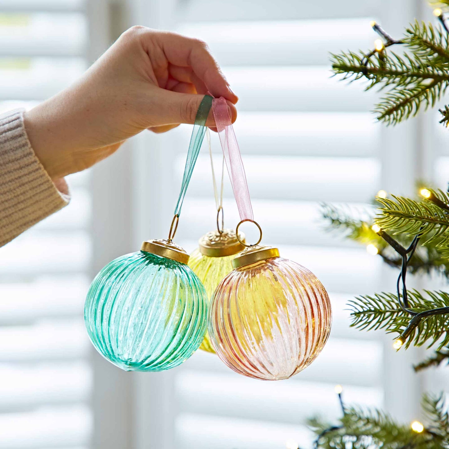 Recycled Glass Ribbed Baubles (3 colors) by Paper High UK