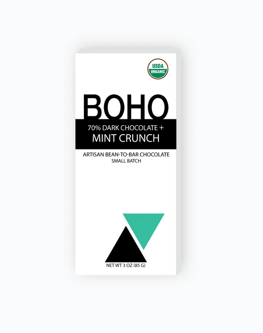 70% Dark Chocolate + Mint Crunch Bar by BOHO Chocolate