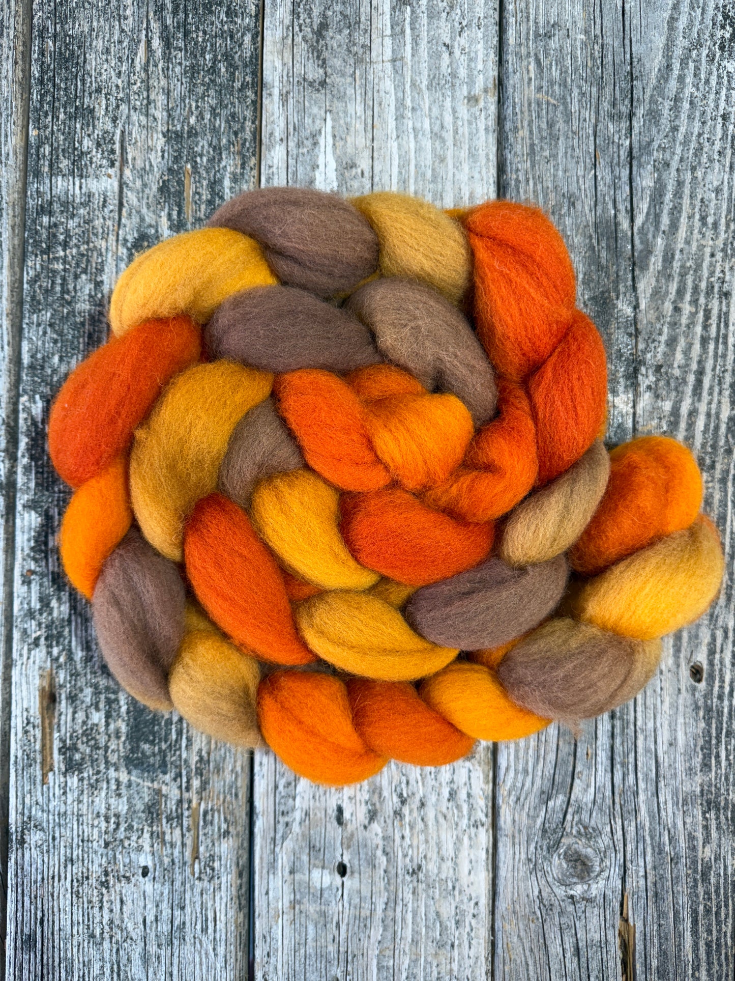 Hand Dyed Cheviot Top Fiber Braid 7.1oz “Pumpkin Spice Cake”