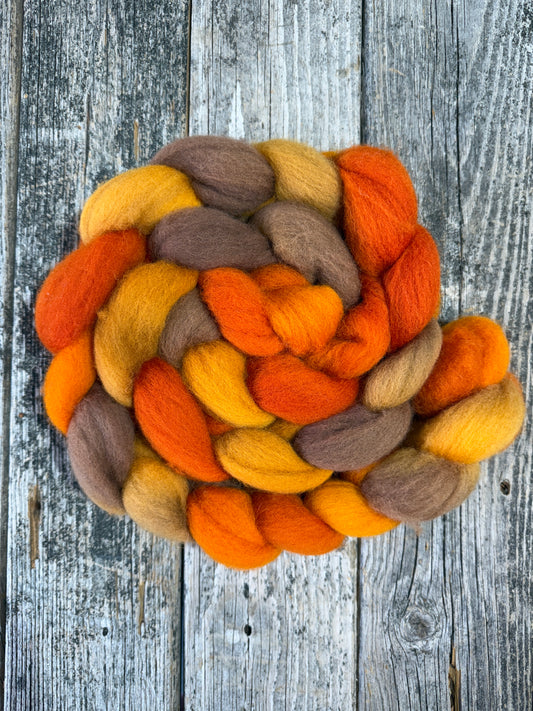 Hand Dyed Cheviot Top Fiber Braid 7.1oz “Pumpkin Spice Cake”