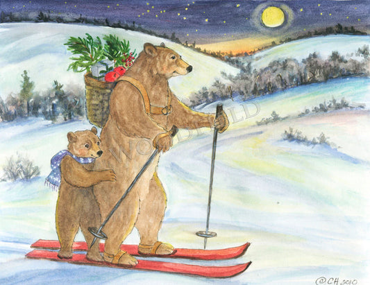 Bears Skiing - Single Greeting Card by Woodfield Press