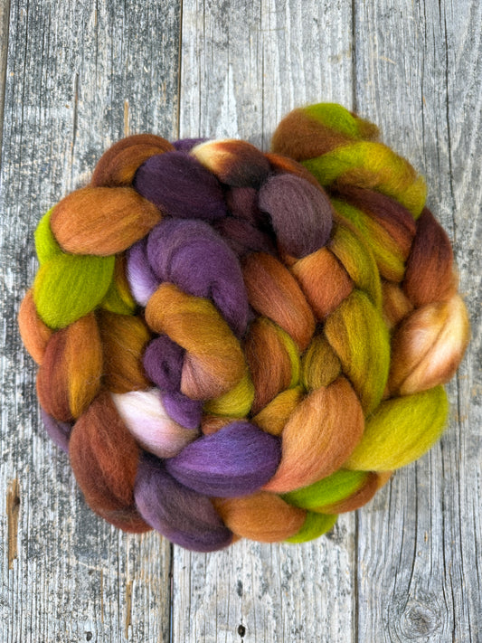 Hand Dyed Corriedale Top Fiber Braid 7.4oz “Autumn Breeze”