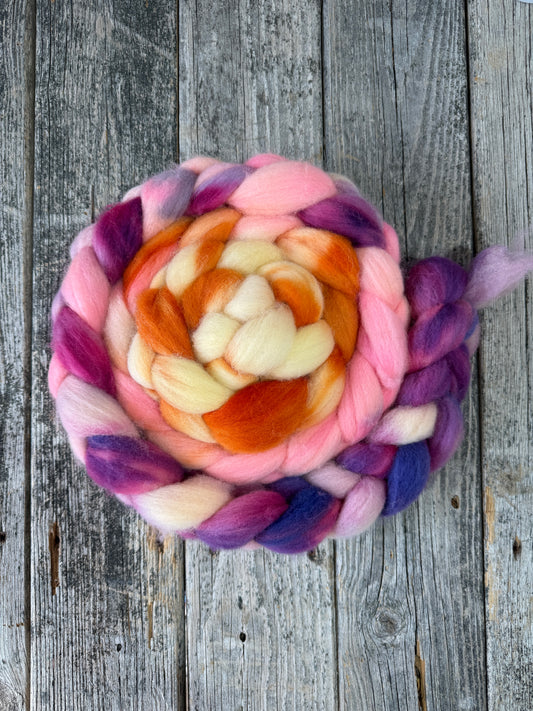 Hand Dyed Cheviot Top Fiber Braid 9.4 oz “Happy Dance”