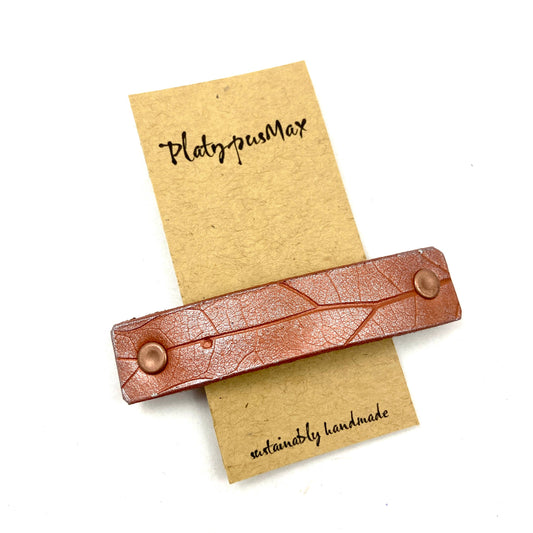 Shiny Copper Leather Oak Leaf Imprint Hair Barrette by PlatypusMax