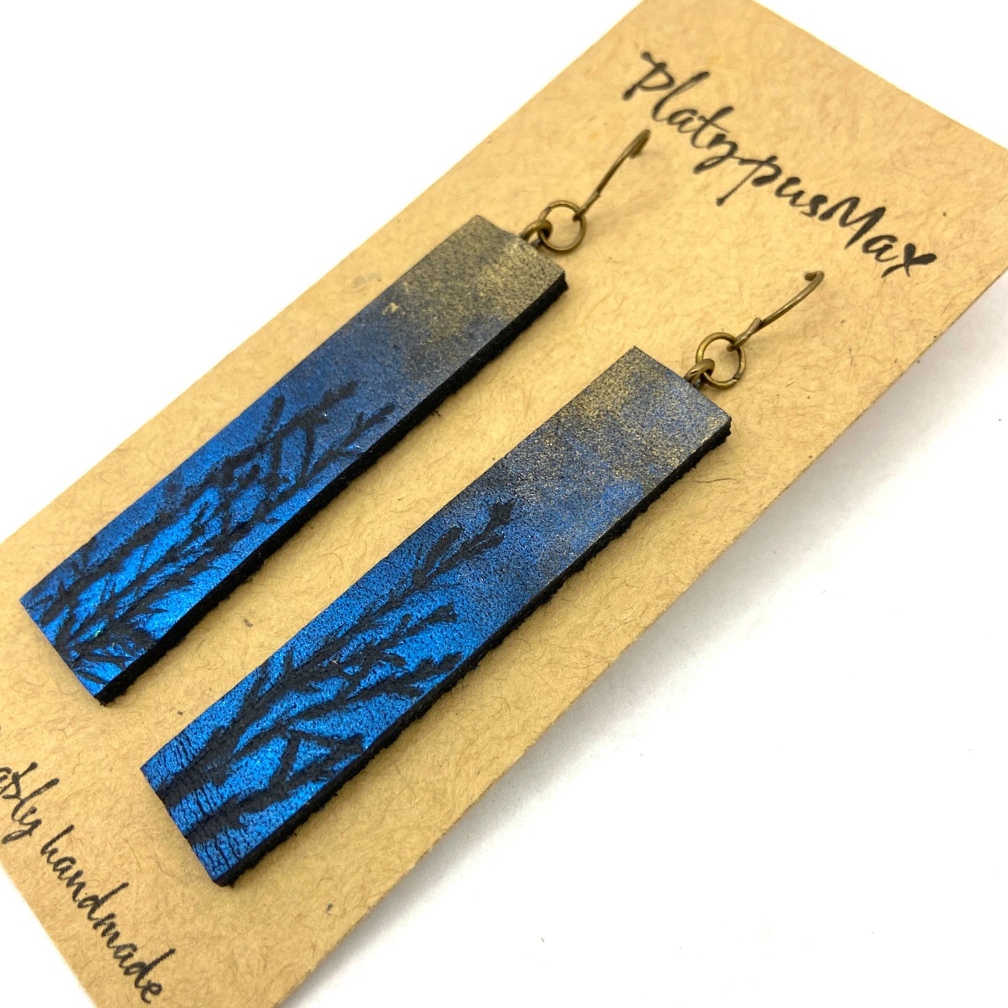 Moonlit Trees Blue & Gold Branches Leather Bar Earrings by PlatypusMax
