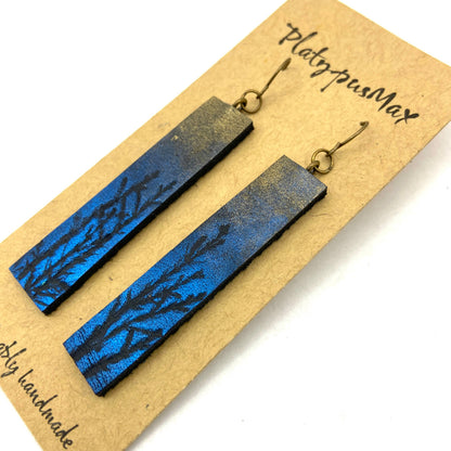 Moonlit Trees Blue & Gold Branches Leather Bar Earrings by PlatypusMax
