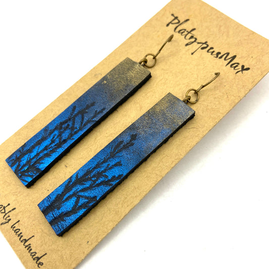 Moonlit Trees Blue & Gold Branches Leather Bar Earrings by PlatypusMax