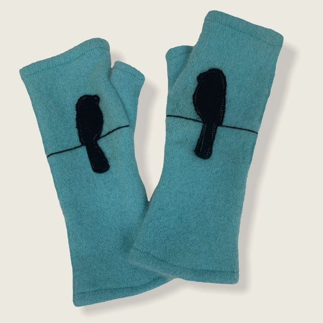 Bird on Wire on Aqua - Fingerless Cashmere Gloves from Sardine Clothing Co.